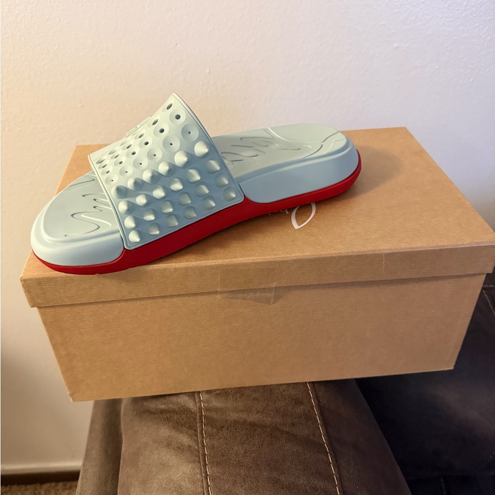 Christian Louboutin Light Blue and Red Slide Sandals